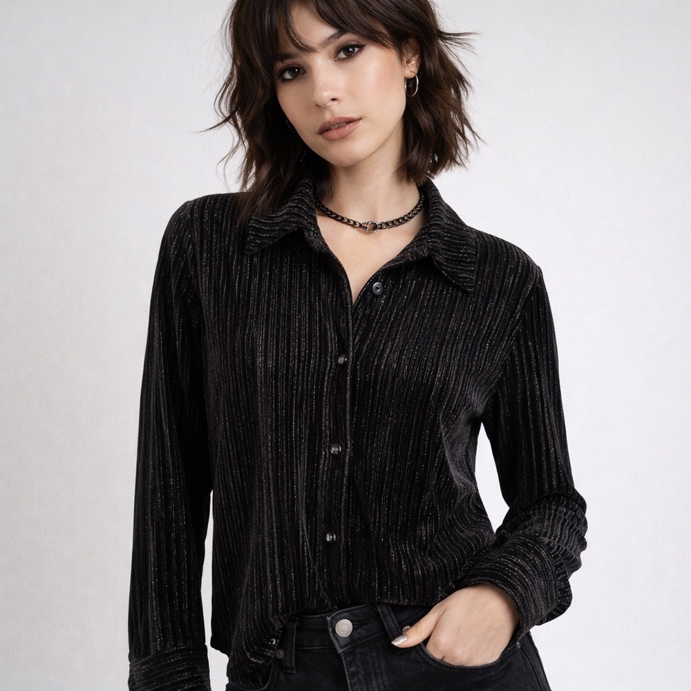 House of Harlow 1960 Button-Up Shirt Black Shimmery Metallic Stripe Velvet Sz L